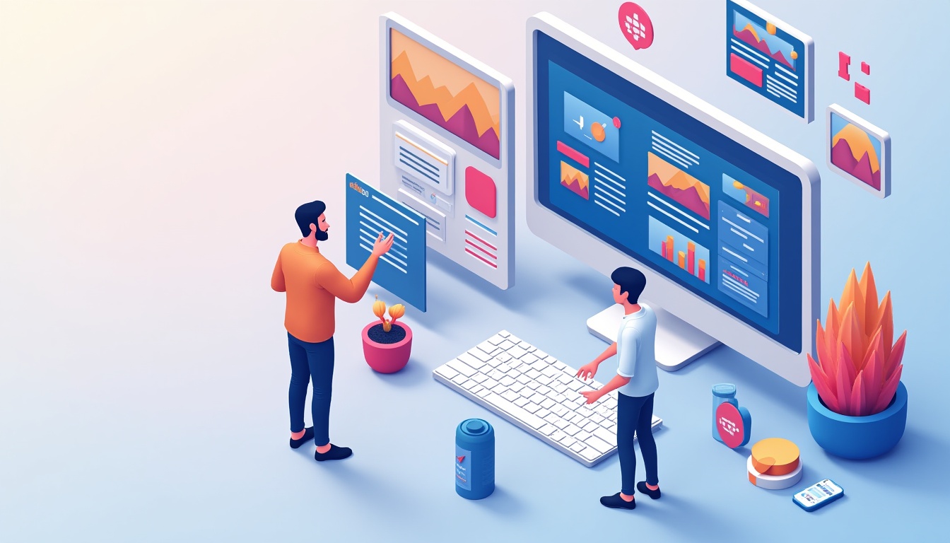 O imagine reprezentând procesul de creare site prezentare, cu elemente de design web, planificare strategică și optimizare